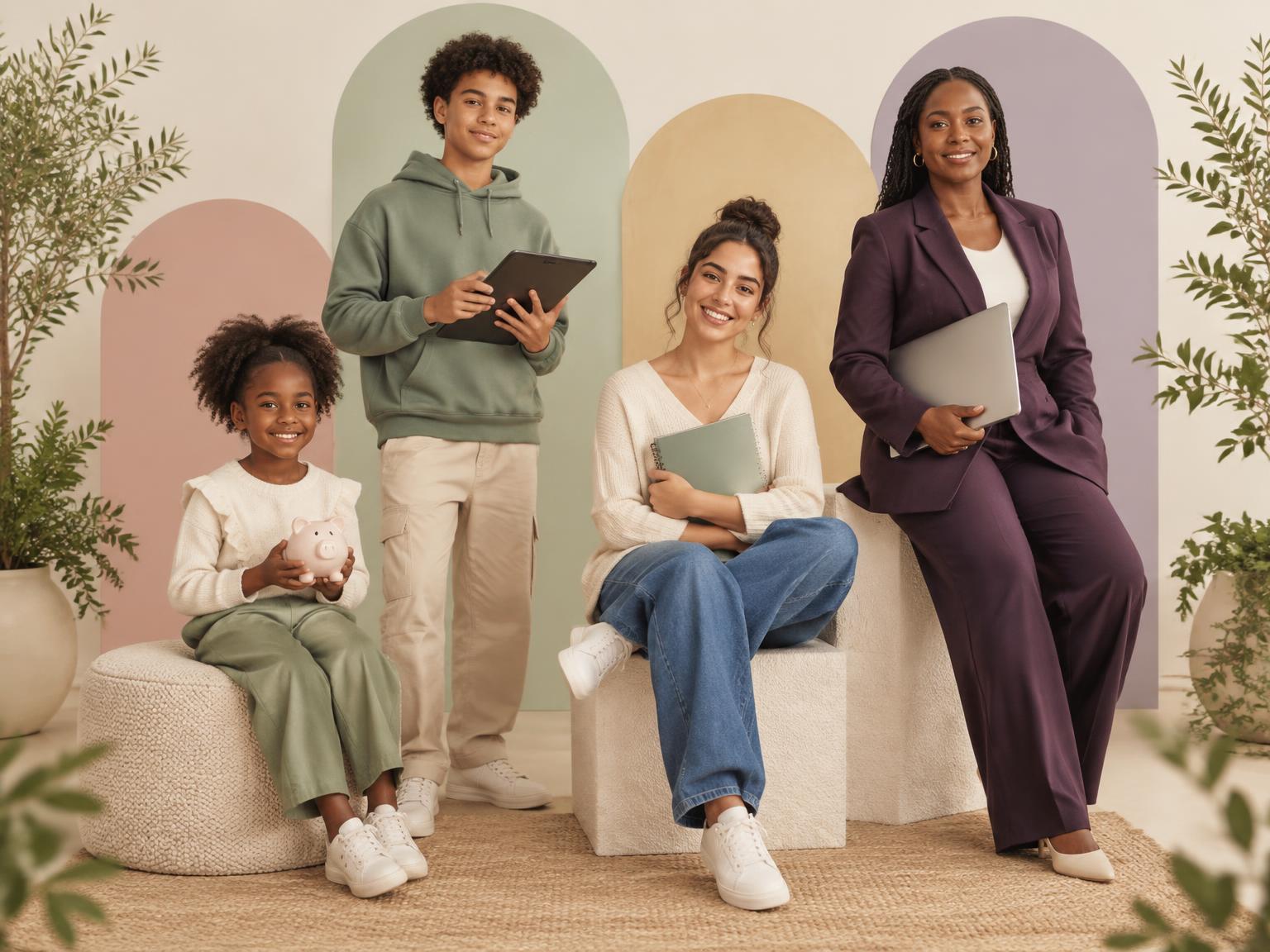 Une enfant, un adolescent, une jeune adulte et une adulte réunis dans un parcours vers l’autonomie financière